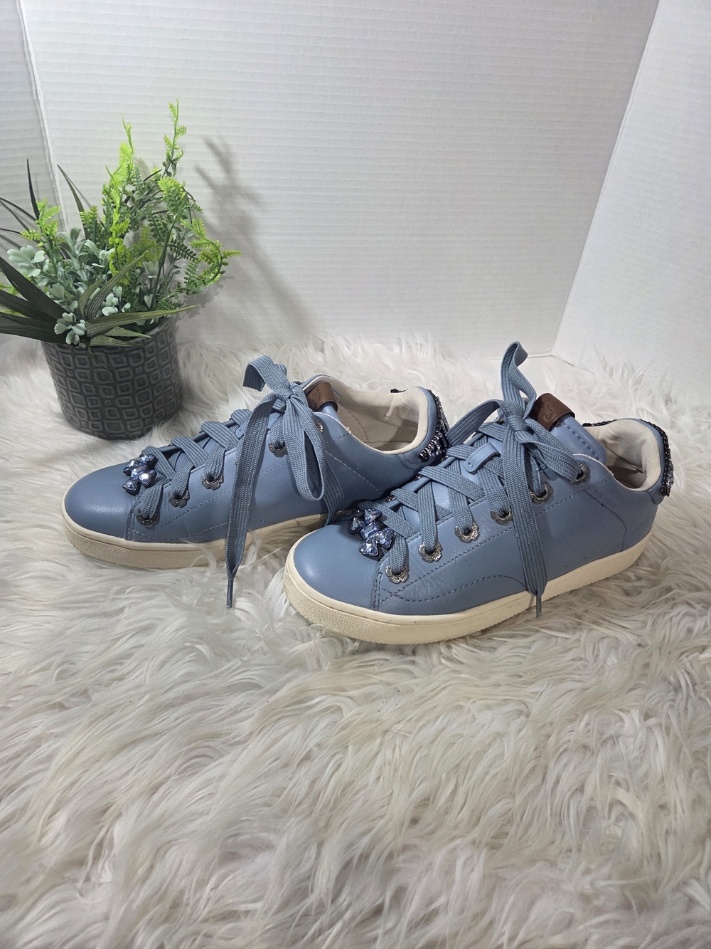 Coach Women Blue Rhinestone Embellished Leather Sneakers/ Crystal Bow Accent 10B - Picture 10 of 16